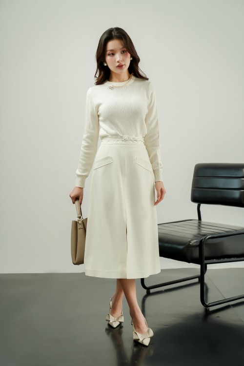 Sixdo Cream Woven Midi Skirt